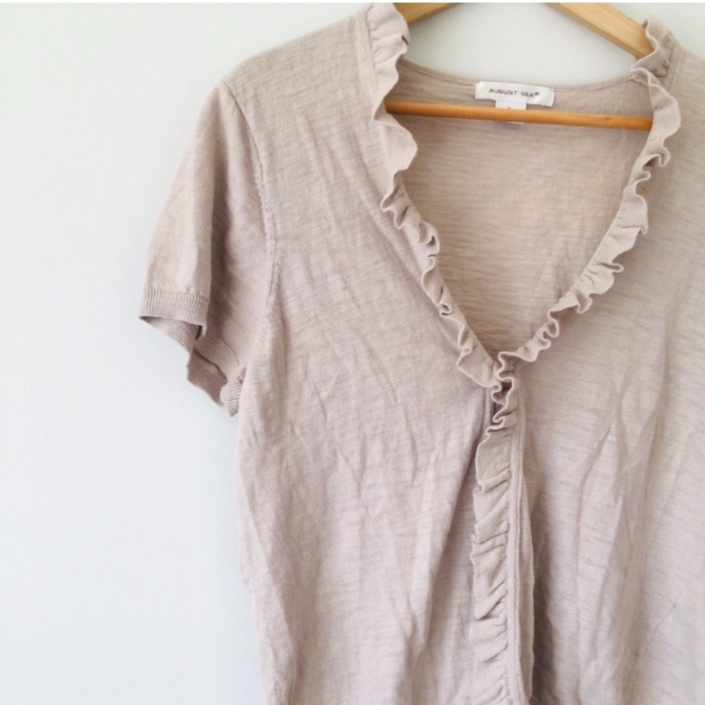 August Silk Neutral Cotton Ruffle Cardigan Short Sleeve Lightweight XL